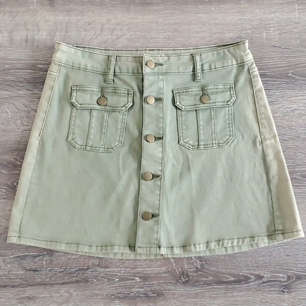 Altar'd State Button Up Pocket Front Bleached Wash Sage Green Skirt